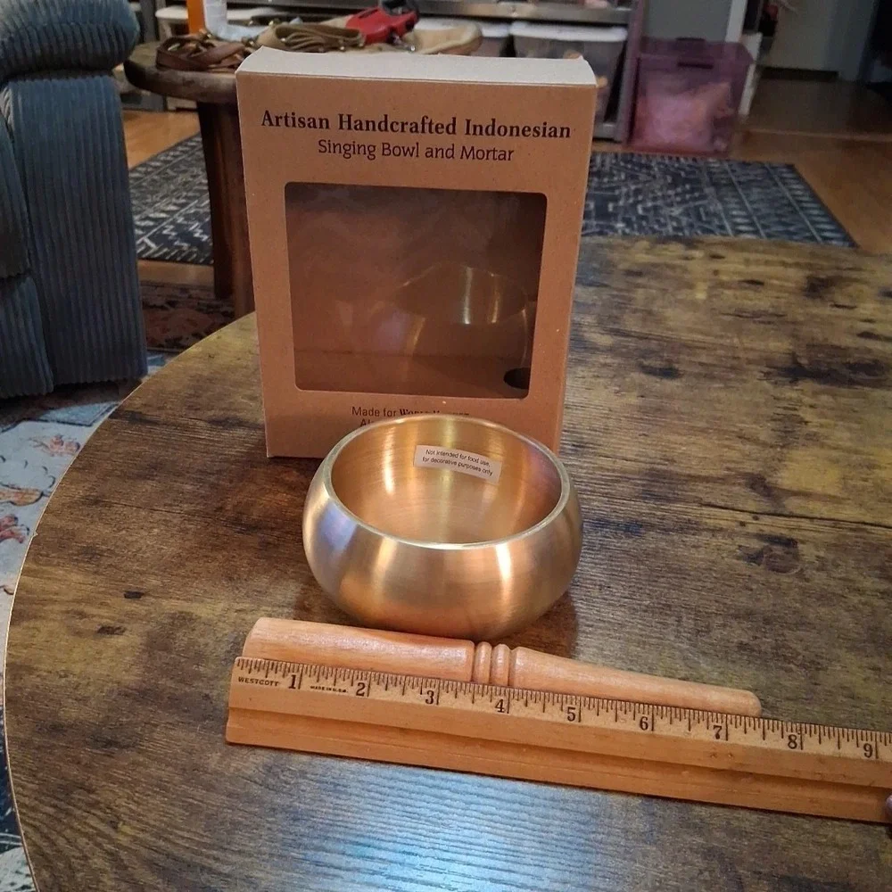 Artisan Handcrafted Singing Bowl Mortar Sound Bath Yoga Brass Bronze Wood NOB